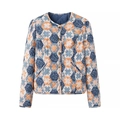 Vintage Damen Baumwolljacke mit floralem Patchwork-Muster und praktischem Rundhalsausschnitt - S / Blau