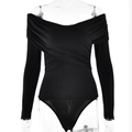 Sexy black off-shoulder V-neck long sleeve bodysuit with pleated details for women - L / Black