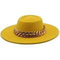Detailed view of the yellow wool felt wide brim hat with a chunky decorative gold chain - M (56-58cm) / Yellow