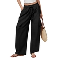 Women's black cotton linen wide leg cargo pants with drawstring waist and side pockets - S / Black