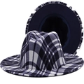 Classic navy blue and white plaid fedora hat with elegant wide brim and soft wool texture - M (56-58cm) / Navy Blue Plaid