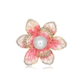 Eleganter Blumen-Brosche mit rosa Emaille-Blüten, Kristall-Akzenten und Perlen-Mitte - Rosa
