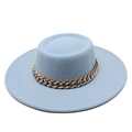Detail of light blue wool felt boater hat featuring a decorative gold chunky metal chain - M (56-58cm) / Sky Blue