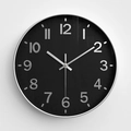 Minimalist 12-inch round wall clock with matte black dial and silver metal frame - Black Dial Silver Plated Frame