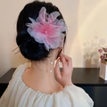 Pink gradient floral hair pin with butterfly tassel and pearls for Hanfu styling - 129# Pink (Tulle Gradient Flower)