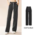 Women's high waist wide leg yoga pants in cold tea black with white drawstring - S / Bottoms / Cold Tea Black