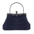 Close-up of vintage beaded evening bag with intricate blue floral patterns and metal handle - 1203 Blue
