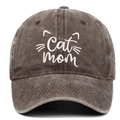 Close-up of Cat Mom embroidery and washed cotton texture on a dark brown baseball cap - One Size / Coffee