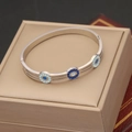 Polished silver stainless steel bangle with blue enamel floral circle charms - Triple Enamel Ring Style (5#)