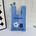 Sky blue knitted tote bag with floral patterns and Colourful text embroidery - Three Flowers Blue