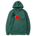 Dark green hoodie featuring a me and you heart puzzle print and kangaroo pocket - S / Tops / Dark Green