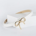 Slim white PU leather belt for women featuring a gold metal bow buckle and adjustable holes - White