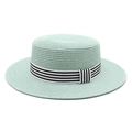 Flat top straw boater hat in mint green with black and white striped ribbon band - M (56-58cm) / Mint Green