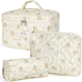 Beige floral quilted cotton makeup bag set with top handle and two zipper pouches - Yellow Base Orange Flower