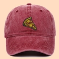 Gorra de béisbol de algodón lavado rojo oscuro con bordado de pizza de calidad - Talla Única(Ajustable) / Burdeos