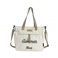 Beige large capacity canvas tote bag with khaki straps and Summer Nice embroidery - White