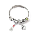 Detail of silver beaded bangle featuring heart lock and red lipstick charms with crystals - Lipstick Heart Lock (C1-017) / White