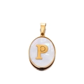 Macro shot of oval gold stainless steel pendant with white shell inlay and letter P - Gold Letter P