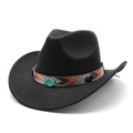 Black felt cowboy hat with bohemian woven band and turquoise stone in studio shot - M (56-58cm) / Black