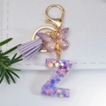 Purple resin letter Z keychain with iridescent snowflake glitter and a silk tassel - Letter Z