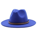 Royal blue wide brim wool fedora hat with a brown braided leather band decoration - Sapphire Blue
