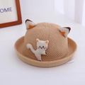 Détail d'un chapeau de soleil en paille pour enfants avec oreilles de chat 3D mignonnes - Circonférence Environ 52cm / Kaki
