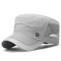 Light gray quick-dry flat top cap with breathable mesh and metal shield badge - Adjustable / Light Gray