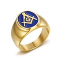 Vergoldeter Freimaurer-Ring aus Edelstahl mit blauem Emaille und G-Symbol für Herren - US 7 / Gold