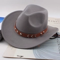 Classic grey denim jazz hat with brown leather band and metallic silver studs for women - Wave Pattern Strap / Gray