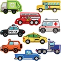 Set van 9 geborduurde voertuigpatches inclusief politie, brandweer en schoolbus - Stadsvoertuigen set