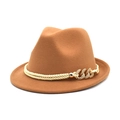 Classic brown fedora hat in wool felt with gold chain and braided rope band decoration - M (56-58cm) / Camel