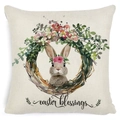 Easter bunny pillow case in beige linen featuring watercolor floral design and Easter blessings - Zl2002064-39 / 45*45cm Cover Only
