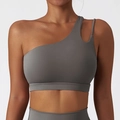 One-shoulder asymmetrical sports bra in charcoal grey with double thin strap design - Ultimate Gray