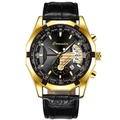 Gold octagonal business watch for men with black leather strap and chronograph dial - All Gold Black Dial Leather Strap
