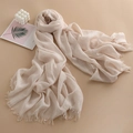 Beige lightweight scarf with crinkle texture and fringe trim, soft summer shawl style - 100*190cm / 60 Off-White