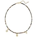 Detail of beaded necklace with gold pendants: heart lock, oval medal, and tiny cross - Multi-Color Beads-Lock Saint & Cross Pendants