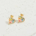 Pendientes de corazón dorados con esmalte colorido y borde de circonitas brillantes - Stud aretes / Corazón Colorido