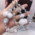 Handmade beaded phone strap with silver rhinestones, crystal beads and white fluffy pompoms - Silver White Iridescent