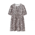 Detailed view of leopard print puff sleeves and lace-up neckline on short dress - S / Leopard Print