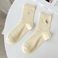 Pale yellow cotton slouch socks with pink flower embroidery and rolled cuffs - One Size / Tender Yellow