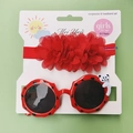 Detail of red floral headband and ladybug polka dot sunglasses set for baby girls - Red Chiffon Flower Set