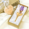 Purple crystal rose figurine with gold metal stem in premium gift box with white satin lining - Gold Stem Purple Bud Gold Box