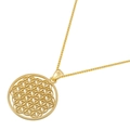 Macro shot of gold-plated pendant showing intricate cut-out flower of life patterns - Flower of Life / Style D Gold