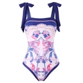 Navy and pink one-piece swimsuit with bird print and adjustable bow shoulder straps - Blue One-Piece (Square Neck)