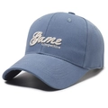 Dark blue cotton baseball cap featuring white 3D cursive embroidery of the word Game - Adjustable / Blue
