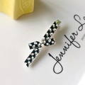 Macro view of checkered bow hair clip with faux pearls and rhinestones on silver alloy - 13# Plaid Hairpin with Rhinestone and Pearl