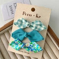 Three-piece Korean bow hair clip set featuring blue floral and gingham fabric patterns - Sky Blue Series