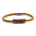 Yellow leather braided bracelet with rose gold cross charm and magnetic clasp on white backdrop - Rose Gold L