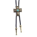 Vintage western bolo tie with turquoise cross pendant and black braided leather cord - Antique Bronze Cross + Black Leather Rope Necklace