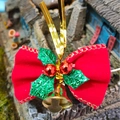 Christmas pendant with red flocked bow, golden bell, and holly leaves for DIY holiday decor - Flocked Bow Christmas Style 5